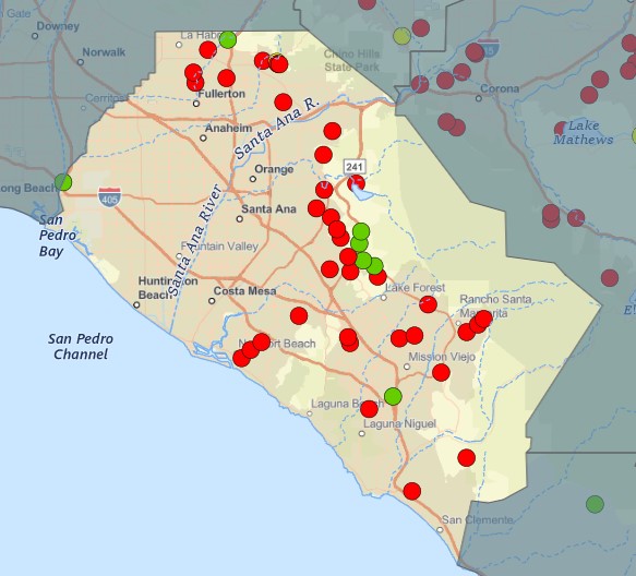 Orange County dams. Red means higher hazard potential. (US Army Corps of Engineers)