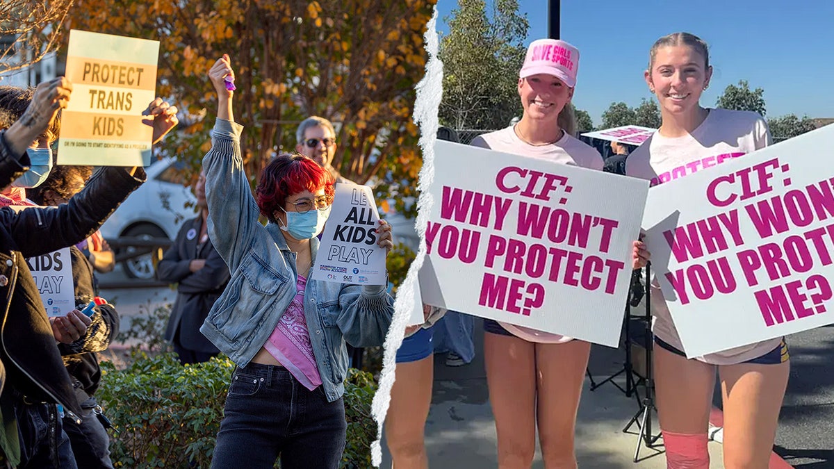 Transgender athlete supporters holding signs outside Riverside Unified School District meeting