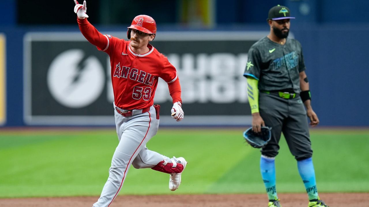 Los Angeles Angels' Wade Meckler reacts after his grand slam off Trampa Bay Rays pitcher Drew Rasmussen during the first inning of a baseball game Saturday, May 30, 2026, in St. Petersburg, Fla. (AP / Chris O'Meara)