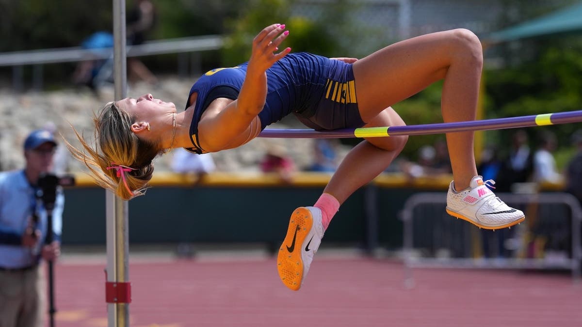 Reese Hogan jumping during girls high jump event at Moorpark High School