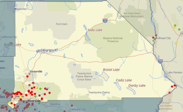 San Bernardino County dams. Red means higher hazard potential. (US Army Corps of Engineers)