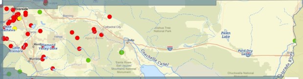 Riverside County dams. Red means higher hazard potential. (US Army Corps of Engineers)