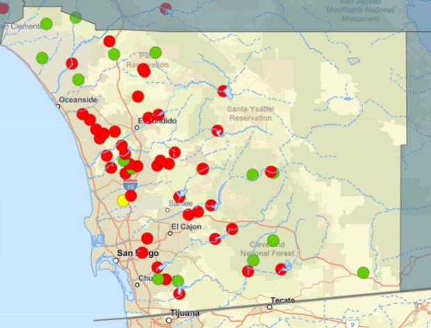 San Diego County dams. Red means higher hazard potential. (US Army Corps of Engineers)