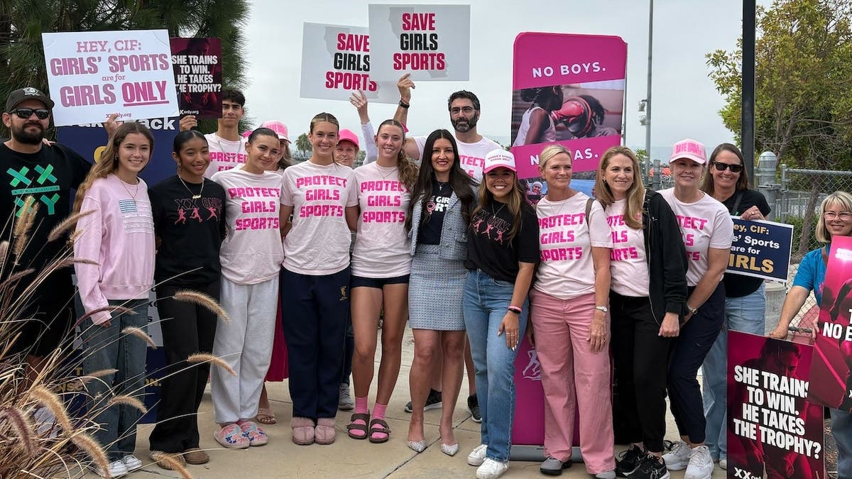 'Save Girls Sports' activists at a rally in California on Saturday, May 9, 2026