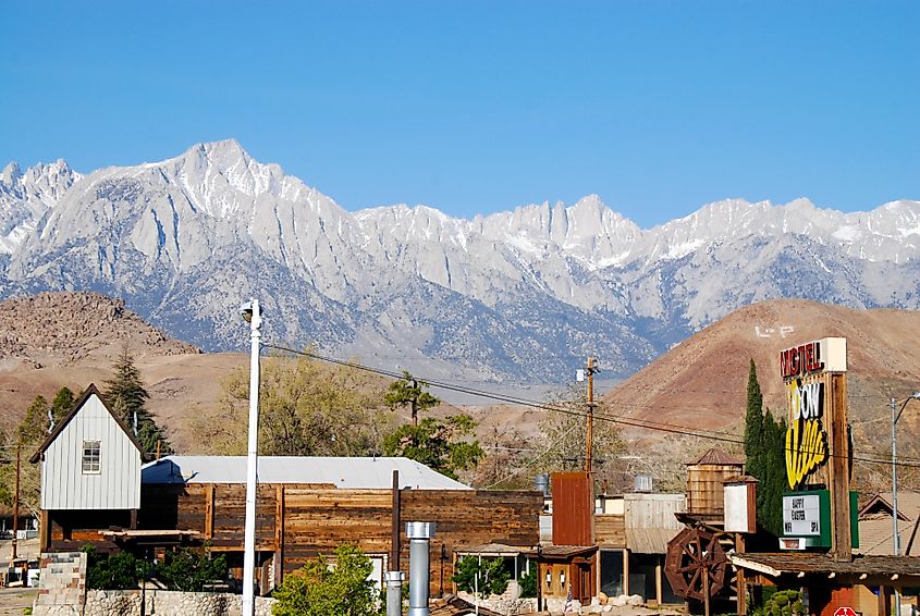 Snow-capped Mount Whitney behind Lone Pine, California.