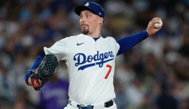 Los Angeles Dodgers starting pitcher Blake Snell throws to the plate during the first inning of a baseball game against the Colorado Rockies, Wednesday in LA. (AP Photo/Mark J. Terrill)