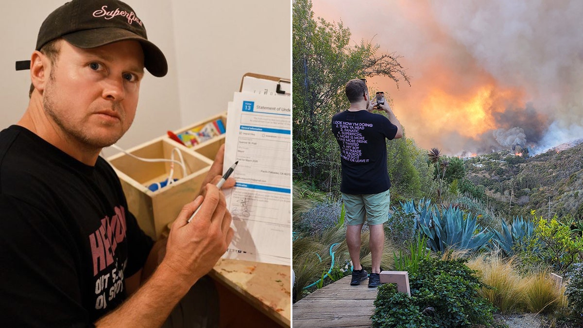 Split of Spencer Pratt with election paperwork and him watchignthe fire come toward his home last year