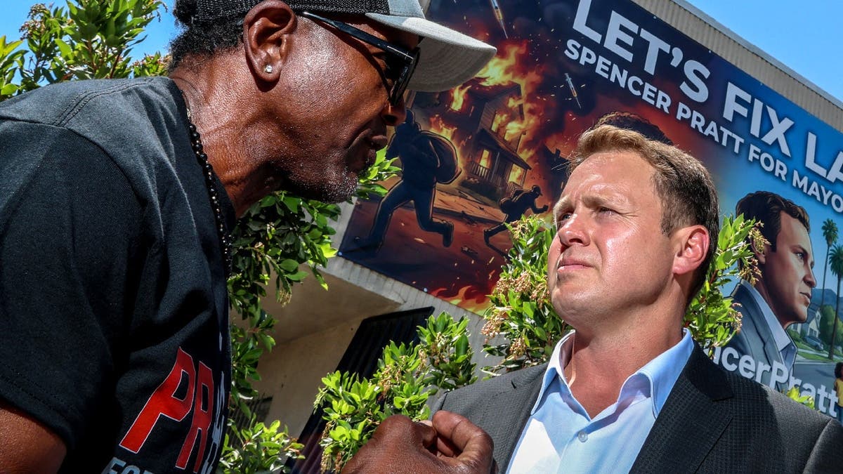 Spencer Pratt speaks at campaign block party event in Los Angeles.