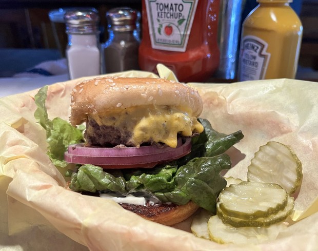 The old-fashioned 1/3-pound cheeseburger at Rocky's Crown Pub on Mission Bay in San Diego. (Pam Kragen / The San Diego Union-Tribune)