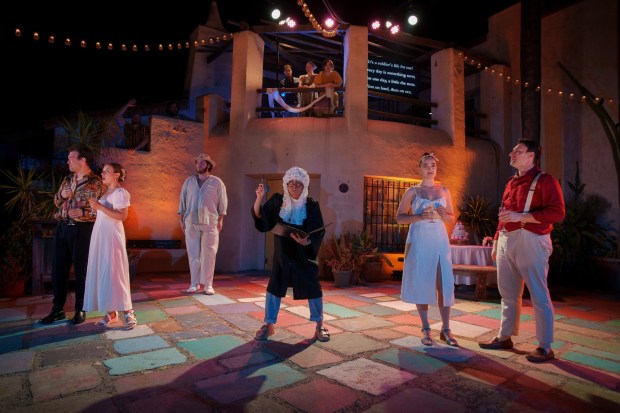 A scene from Opera Neo's 2024 production of Mozart's "Cosi fan tutte" at the Spanish Village Art Center in Balboa Park. The company returns to the outdoor venue with the Rossini opera "Il turco in Italia" classic in July. (Gary Payne)