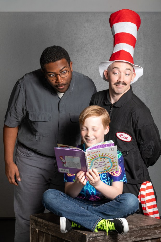 Jordan Brownlee, top left, plays Horton, Cameron Blankenship, top right, plays The Cat in the Hat, and Christopher Smyres, bottom center, plays Jojo in San Diego Musical Theatre's "Seussical the Musical." (Karli Cadel)