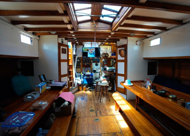 The deck below the schooner Bill of Rights is where the crew meets and has their meals. The schooner is currently docked at the Chula Vista Marina on Tuesday, April 28, 2026, in Chula Vista, CA.  (Nelvin C. Cepeda / The San Diego Union-Tribune)