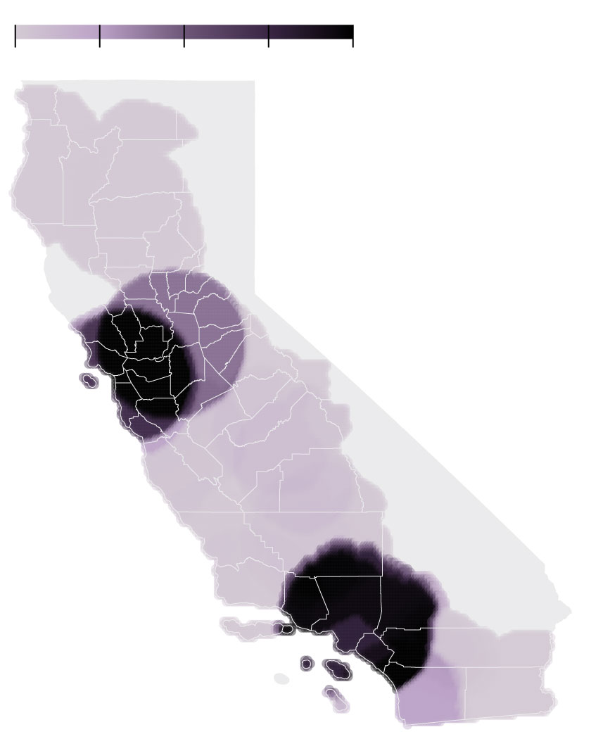 Map of California with areas that Steyer has spent the most shaded darker.