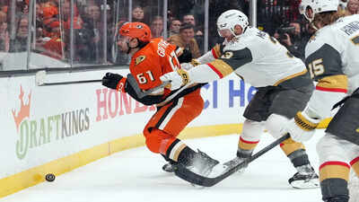 <p>Anaheim Ducks' Cutter Gauthier (61) is cross checked by Vegas Golden Knights' Brayden McNabb (3) during the first period of an NHL hockey game, Sunday, May 10, 2026, in Anaheim, Calif. (AP Photo/Scott Strazzante)</p> Vegas Golden Knights face suspension concerns after Brayden McNabb injures Anaheim Ducks forward Ryan Poehling during NHL Game 5
