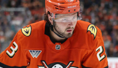 ANAHEIM, CA - APRIL 30: Mason McTavish #23 of the Anaheim Ducks looks on during the game against the Edmonton Oilers in Game Six of the First Round of the 2026 Stanley Cup Playoffs at Honda Center on April 30, 2026 in Anaheim, California.