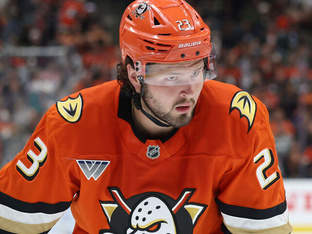 ANAHEIM, CA - APRIL 30: Mason McTavish #23 of the Anaheim Ducks looks on during the game against the Edmonton Oilers in Game Six of the First Round of the 2026 Stanley Cup Playoffs at Honda Center on April 30, 2026 in Anaheim, California.