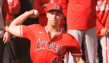 Feb 11, 2026; Tempe, AZ, USA;  Los Angeles Angels pitcher Ben Joyce during pitchers and catchers workouts at Tempe Diablo Stadium in Tempe Arizona. Mandatory Credit: Arianna Grainey-Imagn Images