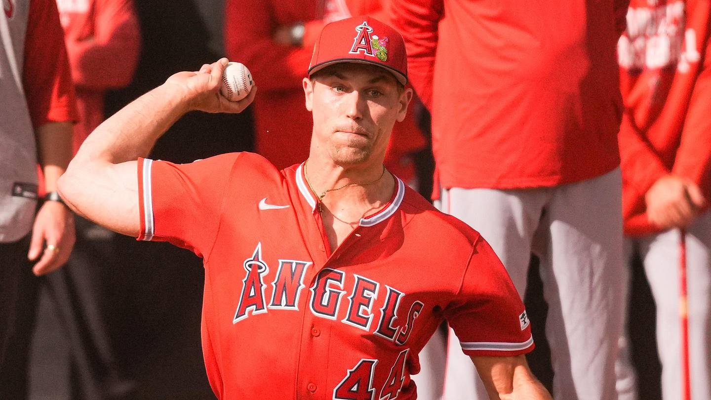 Feb 11, 2026; Tempe, AZ, USA;  Los Angeles Angels pitcher Ben Joyce during pitchers and catchers workouts at Tempe Diablo Stadium in Tempe Arizona. Mandatory Credit: Arianna Grainey-Imagn Images