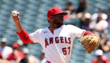 May 6, 2026; Anaheim, California, USA;  Los Angeles Angels pitcher Walbert Urena (57) pitches during the second inning against the Chicago White Sox at Angel Stadium. Mandatory Credit: Kiyoshi Mio-Imagn Images