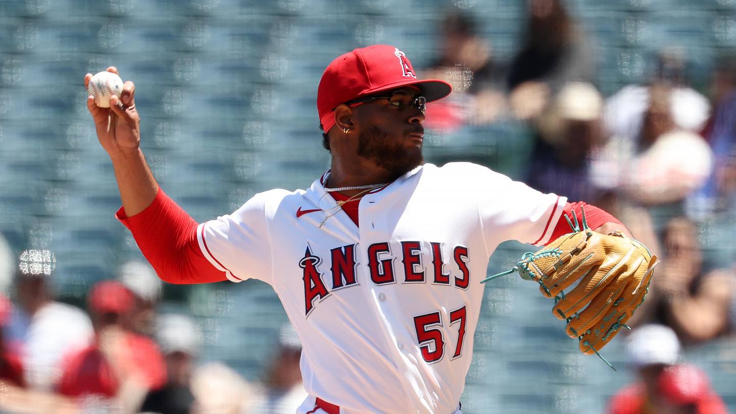 May 6, 2026; Anaheim, California, USA;  Los Angeles Angels pitcher Walbert Urena (57) pitches during the second inning against the Chicago White Sox at Angel Stadium. Mandatory Credit: Kiyoshi Mio-Imagn Images