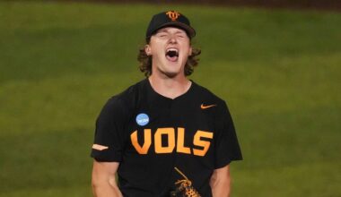 Tennessee's Nate Snead (7) celebrates after striking out Wake Forest's Javar Williams (14) end the 8th inning at the NCAA college baseball Knoxville Regional final on June 1, 2025, in Knoxville, Tenn.
