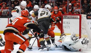 May 14, 2026; Anaheim, California, USA; Vegas Golden Knights goaltender Carter Hart (79) dives to save the puck during the second period against the Anaheim Ducks in game six of the second round of the 2026 Stanley Cup Playoffs at Honda Center. Mandatory Credit: Kiyoshi Mio-Imagn Images