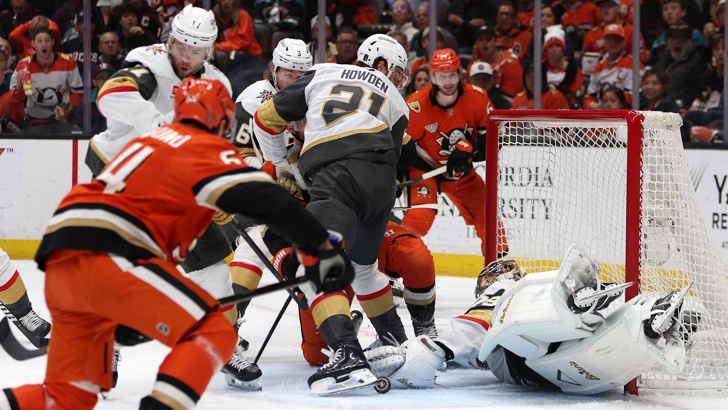 May 14, 2026; Anaheim, California, USA; Vegas Golden Knights goaltender Carter Hart (79) dives to save the puck during the second period against the Anaheim Ducks in game six of the second round of the 2026 Stanley Cup Playoffs at Honda Center. Mandatory Credit: Kiyoshi Mio-Imagn Images