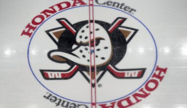 Apr 13, 2025; Anaheim, California, USA; The Anaheim Ducks logo at center ice at Honda Center. Mandatory Credit: Kirby Lee-Imagn Images