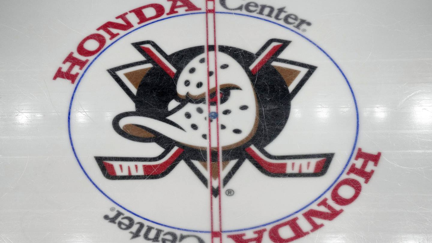 Apr 13, 2025; Anaheim, California, USA; The Anaheim Ducks logo at center ice at Honda Center. Mandatory Credit: Kirby Lee-Imagn Images