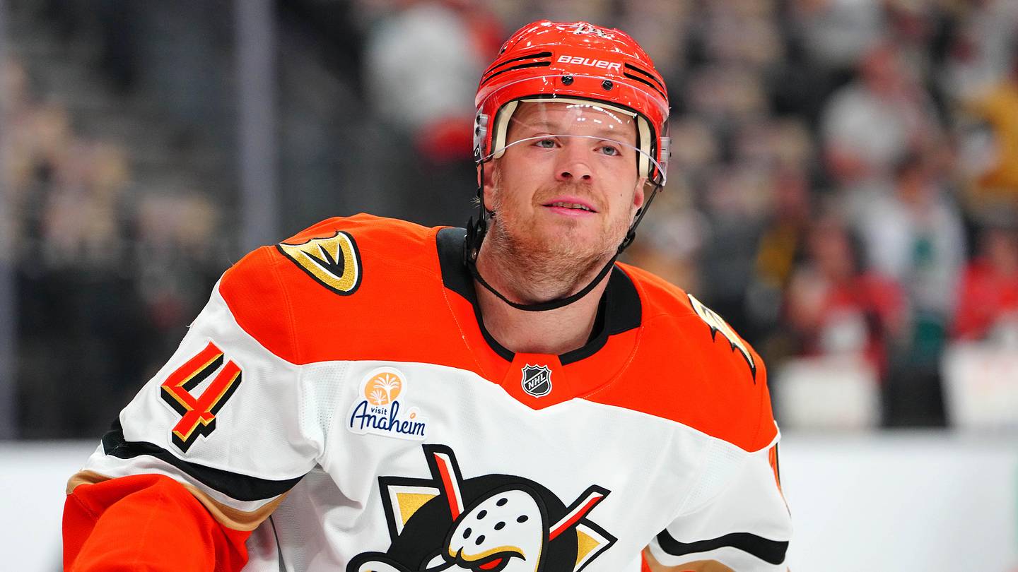May 6, 2026; Las Vegas, Nevada, USA; Anaheim Ducks defenseman John Carlson (74) warms up before the start of game two against the Vegas Golden Knights in the second round of the 2026 Stanley Cup Playoffs at T-Mobile Arena.