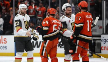 May 14, 2026; Anaheim, California, USA; Vegas Golden Knights defenseman Ben Hutton (17) and defenseman Rasmus Andersson (4) greet Anaheim Ducks center Mikael Granlund (64) and left wing Alex Killorn (17) after game six of the second round of the 2026 Stanley Cup Playoffs at Honda Center. Mandatory Credit: Kiyoshi Mio-Imagn Images