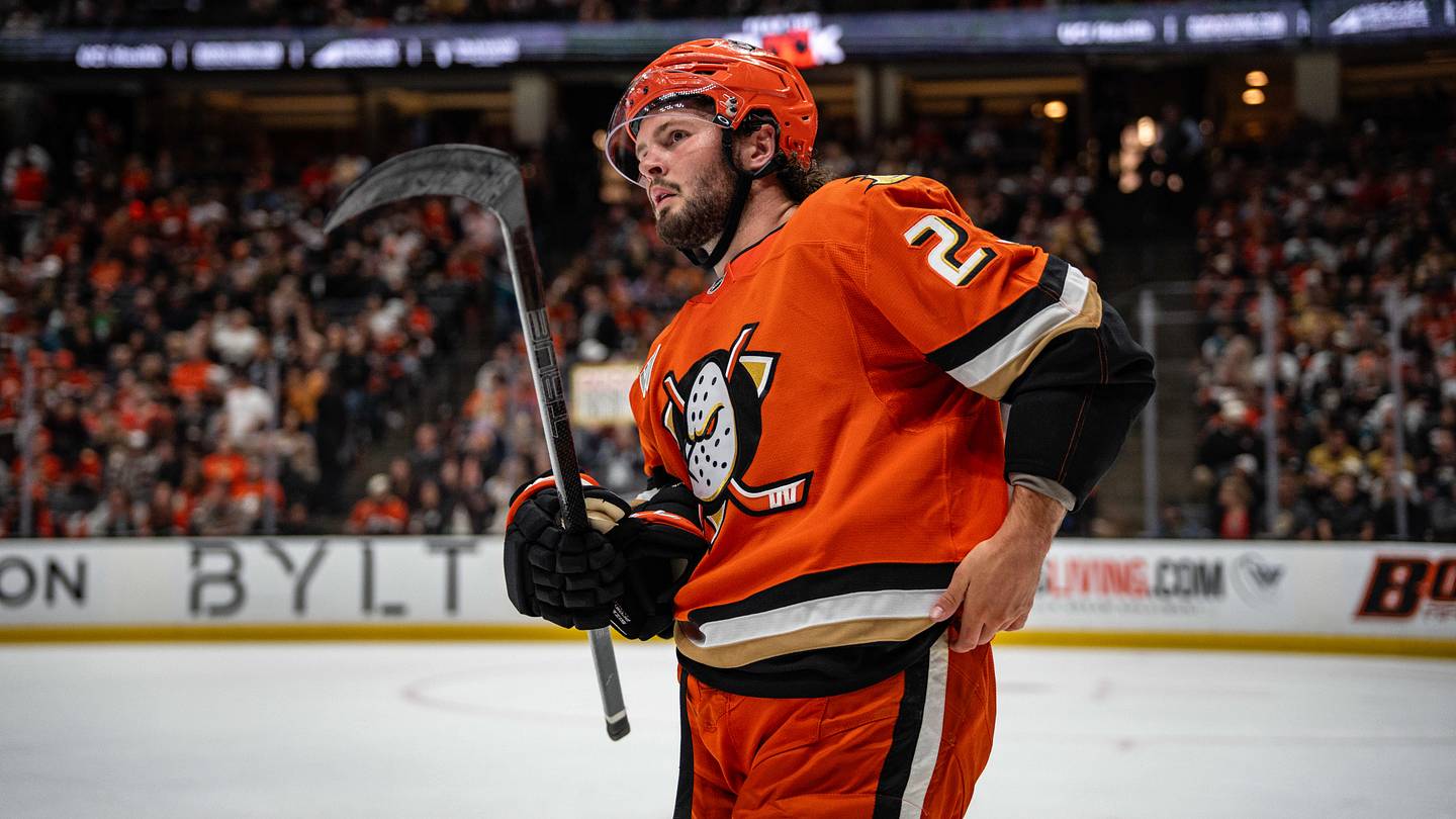 May 10, 2026; Anaheim, California, USA; Anaheim Ducks center Mason McTavish (23) during the second period against the Vegas Golden Knights  in game four of the second round of the 2026 Stanley Cup Playoffs at Honda Center. Mandatory Credit: Corinne Votaw-Imagn Images
