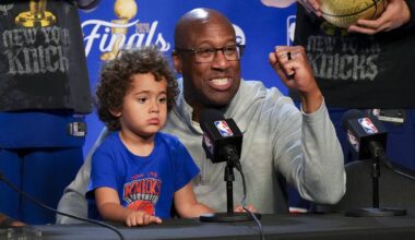 Jun 13, 2026; San Antonio, Texas, USA; New York Knicks head coach Mike Brown speaks to the media after the Knicks defeat the San Antonio Spurs during game five of the 2026 NBA Finals at Frost Bank Center. Mandatory Credit: Scott Wachter-Imagn Images