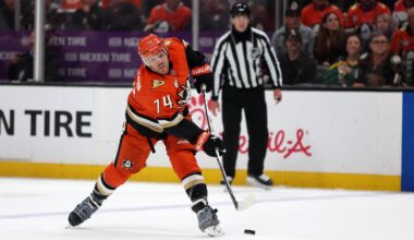 May 14, 2026; Anaheim, California, USA; Anaheim Ducks defenseman John Carlson (74) takes a slapshot during the second period against the Vegas Golden Knights in game six of the second round of the 2026 Stanley Cup Playoffs at Honda Center. Mandatory Credit: Kiyoshi Mio-Imagn Images