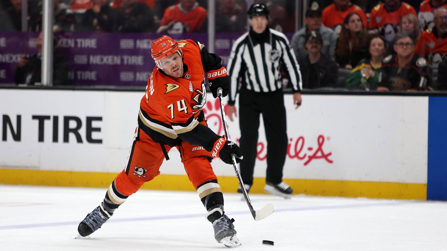 May 14, 2026; Anaheim, California, USA; Anaheim Ducks defenseman John Carlson (74) takes a slapshot during the second period against the Vegas Golden Knights in game six of the second round of the 2026 Stanley Cup Playoffs at Honda Center. Mandatory Credit: Kiyoshi Mio-Imagn Images