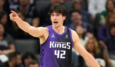 Apr 3, 2026; Sacramento, California, USA; Sacramento Kings center Maxime Raynaud (42) gestures after scoring against the New Orleans Pelicans during the second quarter at Golden 1 Center. Mandatory Credit: Darren Yamashita-Imagn Images