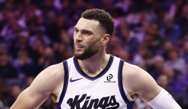 Nov 30, 2025; Sacramento, California, USA; Sacramento Kings guard Zach LaVine (8) reacts after a play against the Memphis Grizzlies during the second quarter at Golden 1 Center. Mandatory Credit: Kelley L Cox-Imagn Images