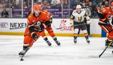 May 10, 2026; Anaheim, California, USA; Anaheim Ducks right wing Troy Terry (19) skates with the puck against Vegas Golden Knights during the second period in game four of the second round of the 2026 Stanley Cup Playoffs at Honda Center. Mandatory Credit: Corinne Votaw-Imagn Images