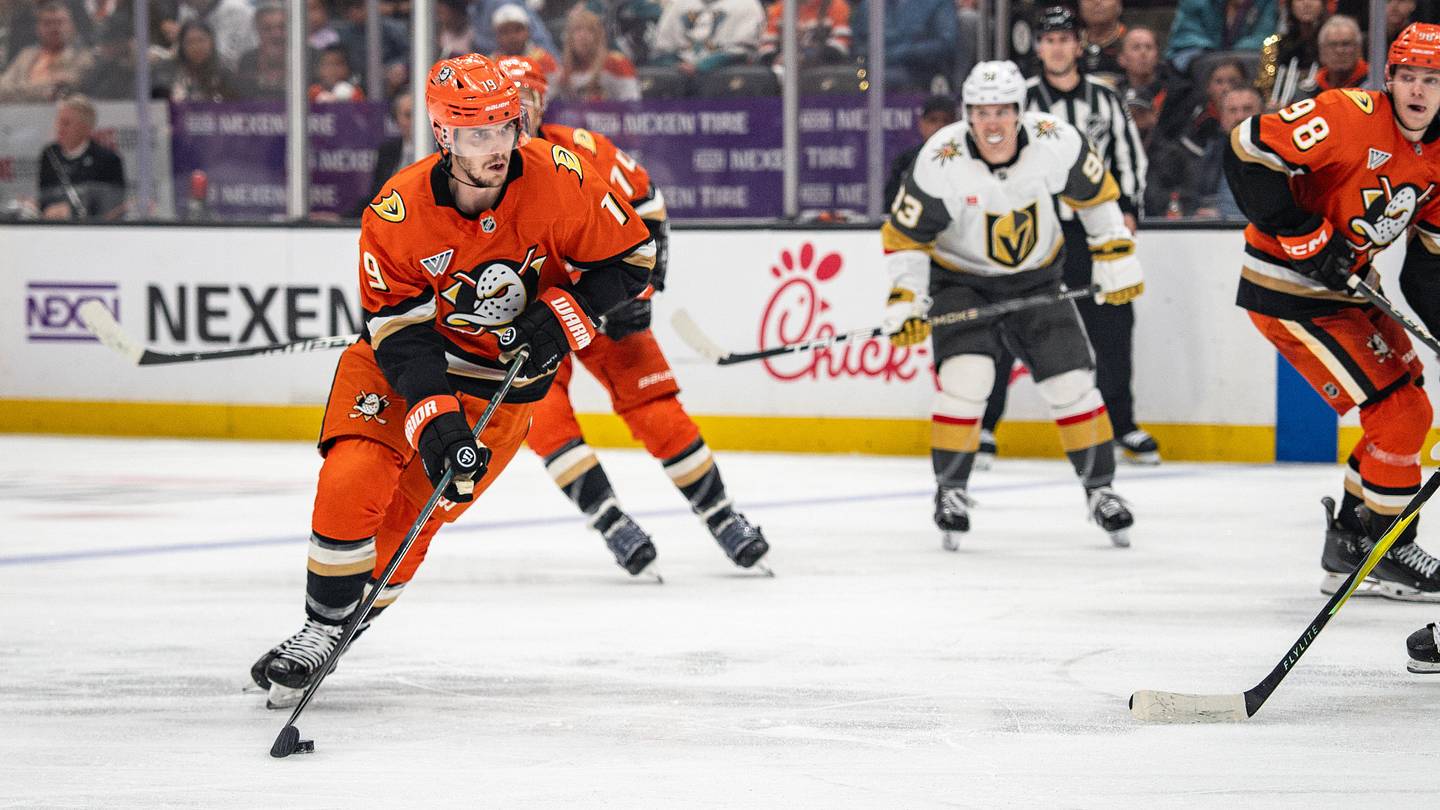 May 10, 2026; Anaheim, California, USA; Anaheim Ducks right wing Troy Terry (19) skates with the puck against Vegas Golden Knights during the second period in game four of the second round of the 2026 Stanley Cup Playoffs at Honda Center. Mandatory Credit: Corinne Votaw-Imagn Images