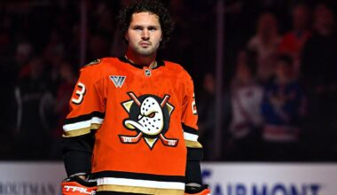 Mar 30, 2026; Anaheim, California, USA; Anaheim Ducks center Mason McTavish (23) looks on during the national anthem before the game against the Toronto Maple Leafs at Honda Center. Mandatory Credit: Griffin Hooper-Imagn Images