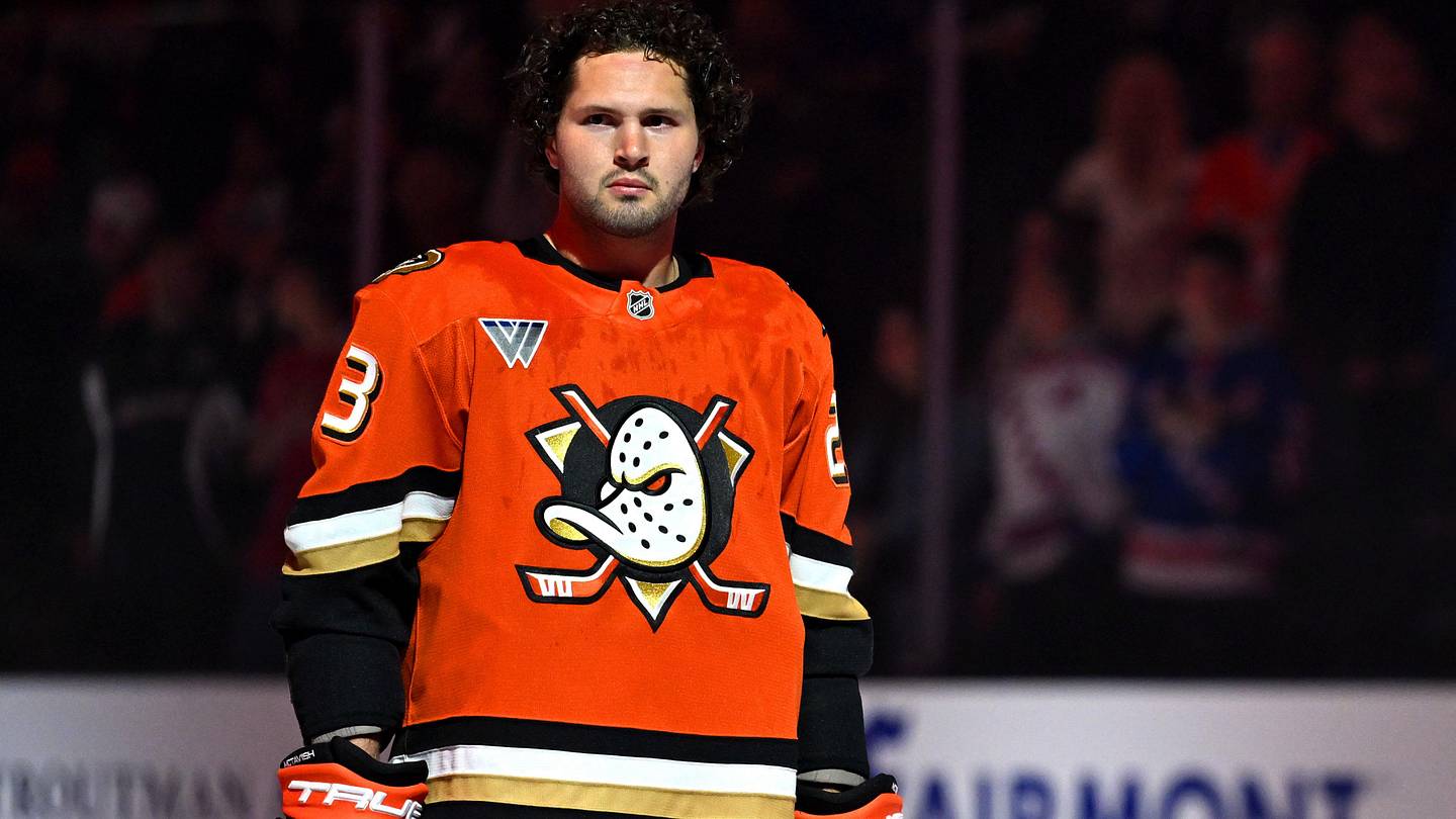 Mar 30, 2026; Anaheim, California, USA; Anaheim Ducks center Mason McTavish (23) looks on during the national anthem before the game against the Toronto Maple Leafs at Honda Center. Mandatory Credit: Griffin Hooper-Imagn Images