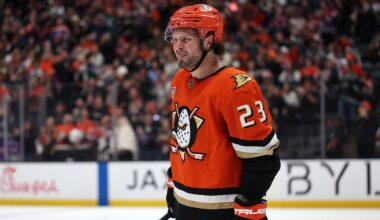 Apr 24, 2026; Anaheim, California, USA;  Anaheim Ducks center Mason McTavish (23) looks on during the second period against the Edmonton Oilers in game three of the first round of the 2026 Stanley Cup Playoffs at Honda Center. Mandatory Credit: Kiyoshi Mio-Imagn Images
