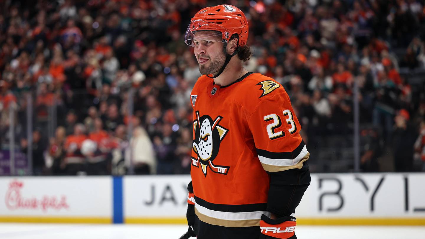 Apr 24, 2026; Anaheim, California, USA;  Anaheim Ducks center Mason McTavish (23) looks on during the second period against the Edmonton Oilers in game three of the first round of the 2026 Stanley Cup Playoffs at Honda Center. Mandatory Credit: Kiyoshi Mio-Imagn Images
