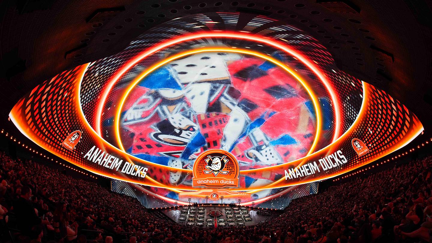 Jun 28, 2024; Las Vegas, Nevada, USA; Beckett Sennecke is selected with the 3rd overall pick of the 2024 NHL Draft by the Anaheim Ducks at The Sphere. Mandatory Credit: Joe Camporeale-Imagn Images