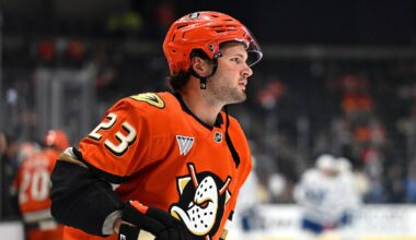 Mar 30, 2026; Anaheim, California, USA; Anaheim Ducks center Mason McTavish (23) warms up before the game against the Toronto Maple Leafs at Honda Center. Mandatory Credit: Griffin Hooper-Imagn Images
