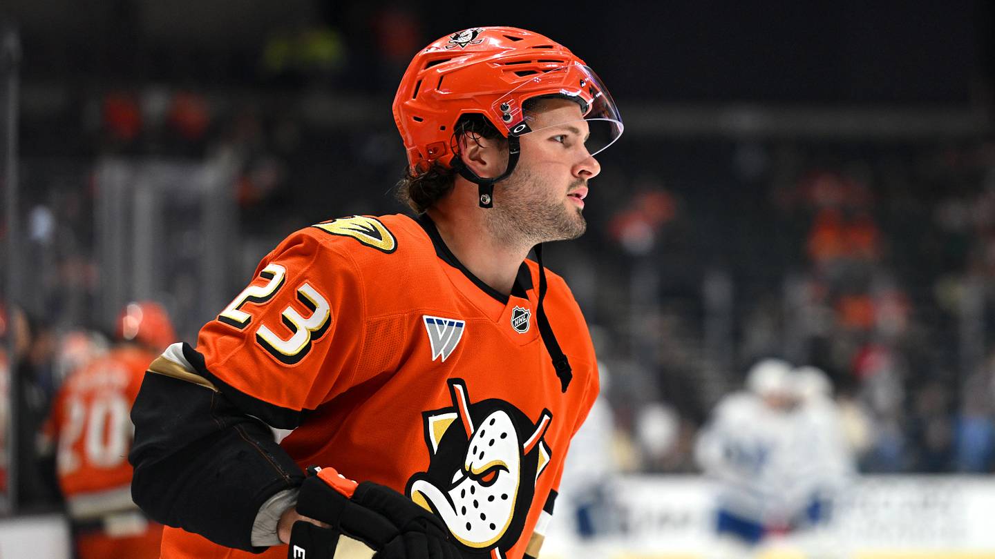 Mar 30, 2026; Anaheim, California, USA; Anaheim Ducks center Mason McTavish (23) warms up before the game against the Toronto Maple Leafs at Honda Center. Mandatory Credit: Griffin Hooper-Imagn Images