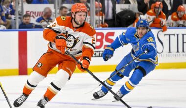 Dec 1, 2025; St. Louis, Missouri, USA; Anaheim Ducks center Mason McTavish (23) controls the puck against the St. Louis Blues during the third period at Enterprise Center. Mandatory Credit: Jeff Curry-Imagn Images