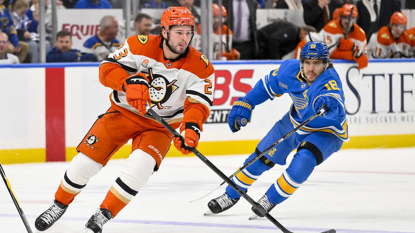 Dec 1, 2025; St. Louis, Missouri, USA; Anaheim Ducks center Mason McTavish (23) controls the puck against the St. Louis Blues during the third period at Enterprise Center. Mandatory Credit: Jeff Curry-Imagn Images