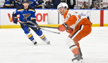 Mar 16, 2025; St. Louis, Missouri, USA;  Anaheim Ducks center Mason McTavish (23) controls the puck against the St. Louis Blues during the first period at Enterprise Center. Mandatory Credit: Jeff Curry-Imagn Images