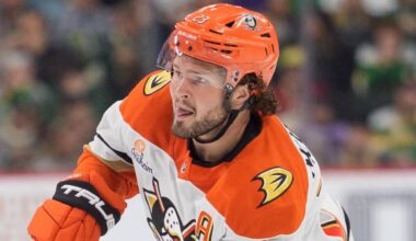 Apr 14, 2026; Saint Paul, Minnesota, USA; Anaheim Ducks center Mason McTavish (23) passes against the Minnesota Wild in the third period at Grand Casino Arena. Mandatory Credit: Matt Blewett-Imagn Images